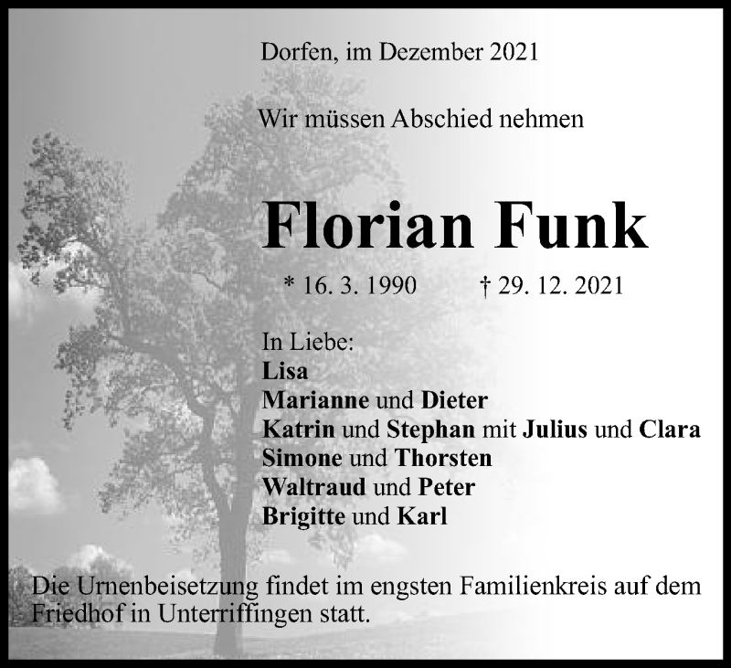  Traueranzeige für Florian Funk vom 05.01.2022 aus Schwäbische Post