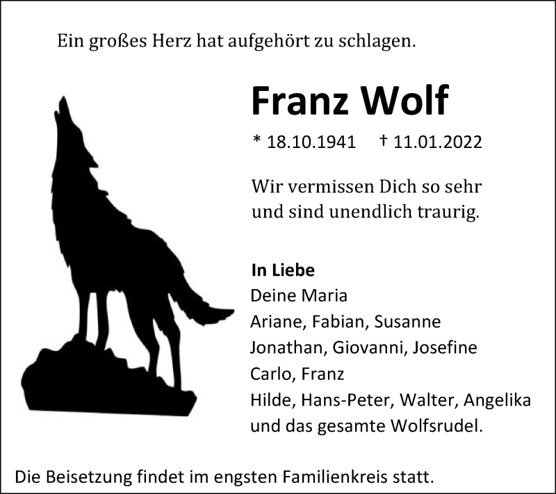  Traueranzeige für Franz Wolf vom 15.01.2022 aus Gmünder Tagespost