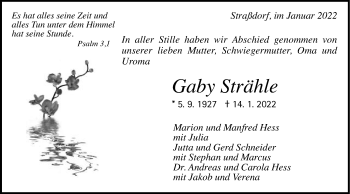 Traueranzeige von Gaby Strähle von Gmünder Tagespost