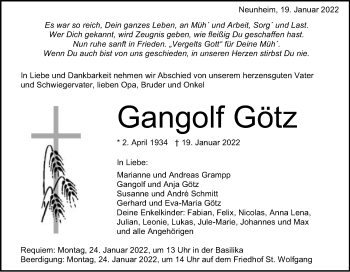 Traueranzeige von Gangolf Götz