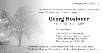 Traueranzeige von Georg Hosinner von Schwäbische Post