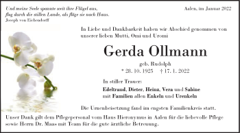 Traueranzeige von Gerda Ollmann von Schwäbische Post