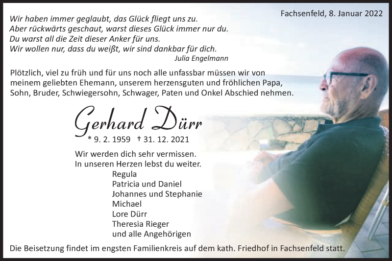  Traueranzeige für Gerhard Dürr vom 08.01.2022 aus Schwäbische Post