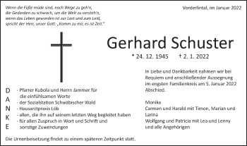 Traueranzeige von Gerhard Schuster von Gmünder Tagespost