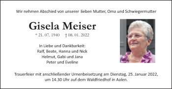 Traueranzeige von Gisela Meiser von Schwäbische Post