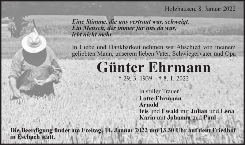  Traueranzeige für Günter Ehrmann vom 12.01.2022 aus Schwäbische Post