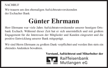 Traueranzeige von Günter Ehrmann von Gmünder Tagespost