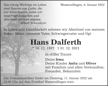 Traueranzeige von Hans Dalferth von Schwäbische Post
