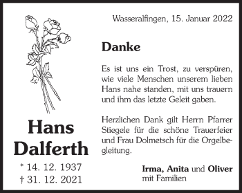 Traueranzeige von Hans Dalferth von Schwäbische Post