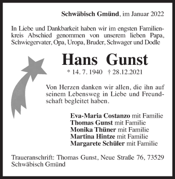 Traueranzeige von Hans Gunst von Gmünder Tagespost