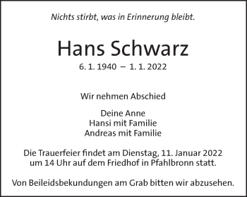 Traueranzeige von Hans Schwarz von Schwäbische Post