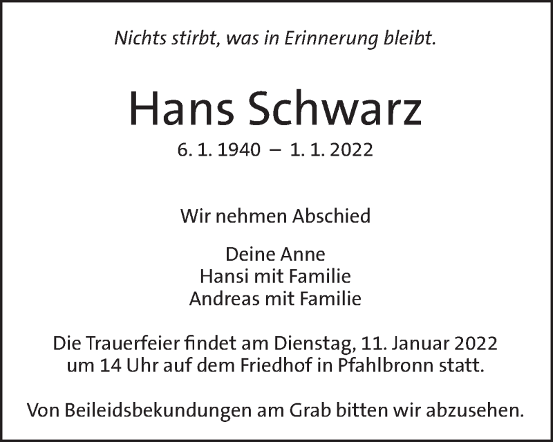  Traueranzeige für Hans Schwarz vom 05.01.2022 aus Schwäbische Post