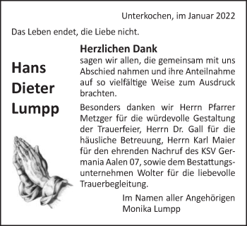 Traueranzeige von Hans Dieter Lumpp von Schwäbische Post