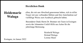 Traueranzeige von Heidemarie Waluga von Schwäbische Post