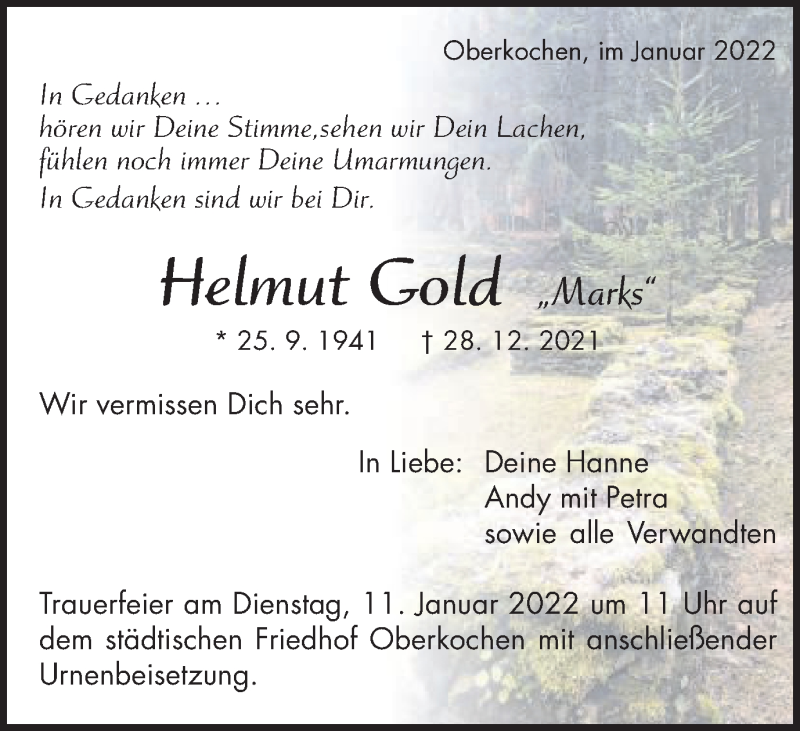  Traueranzeige für Helmut Gold vom 07.01.2022 aus Amtsblatt_Oko