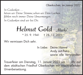 Traueranzeige von Helmut Gold von Amtsblatt_Oko