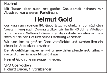 Traueranzeige von Helmut Gold von Amtsblatt_Oko
