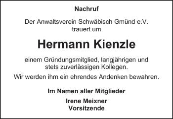 Traueranzeige von Hermann Kienzle von Gmünder Tagespost