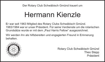 Traueranzeige von Hermann Kienzle von Gmünder Tagespost