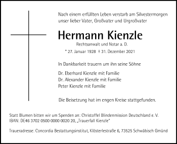 Traueranzeige von Hermann Kienzle von Gmünder Tagespost