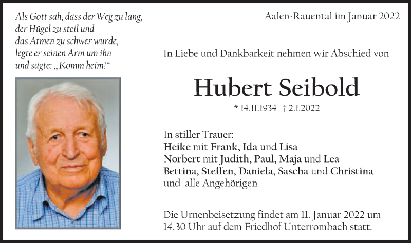  Traueranzeige für Hubert Seibold vom 08.01.2022 aus Schwäbische Post
