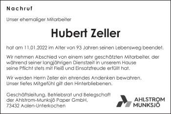 Traueranzeige von Hubert Zeller von Schwäbische Post