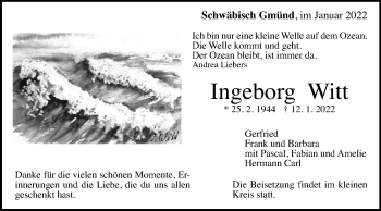 Traueranzeige von Ingeborg Witt von Gmünder Tagespost