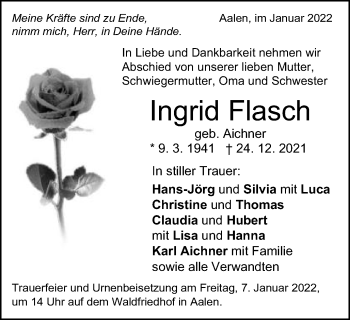 Traueranzeige von Ingrid Flasch von Schwäbische Post