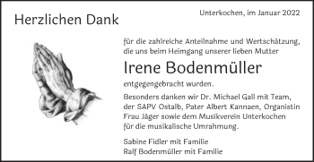 Traueranzeige von Irene Bodenmüller von Schwäbische Post