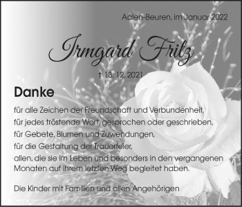 Traueranzeige von Irmgard Fritz von Schwäbische Post