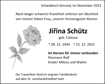 Traueranzeige von Jirina Schütz von Gmünder Tagespost