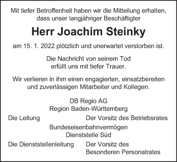 Traueranzeige von Joachim Steinky von Schwäbische Post