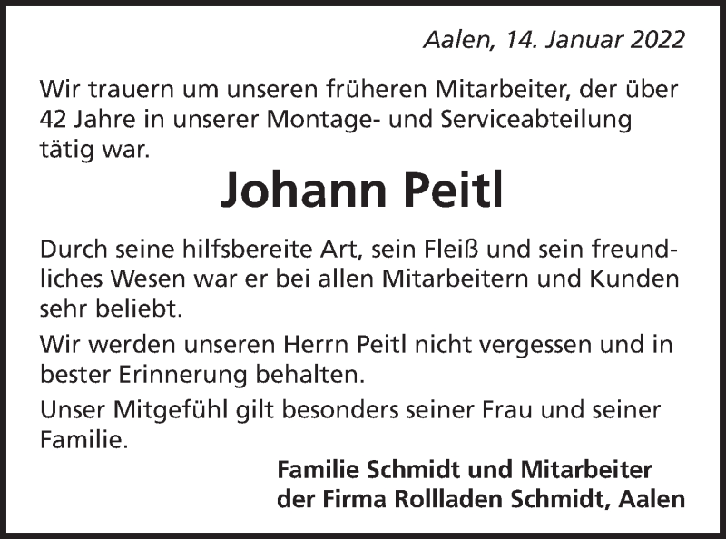  Traueranzeige für Johann Peitl vom 14.01.2022 aus Schwäbische Post
