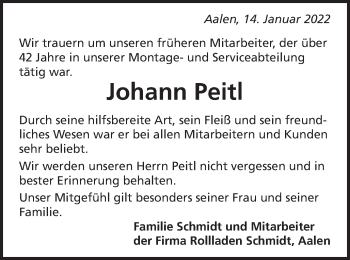 Traueranzeige von Johann Peitl von Schwäbische Post