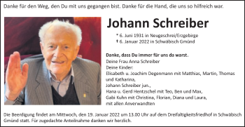 Traueranzeige von Johann Schreiber von Gmünder Tagespost