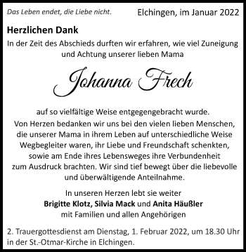 Traueranzeige von Johanna Frech von Schwäbische Post