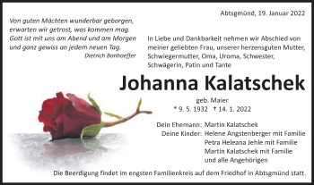 Traueranzeige von Johanna Kalatschek von Schwäbische Post
