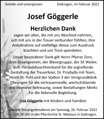 Traueranzeige von Josef Göggerle von Schwäbische Post