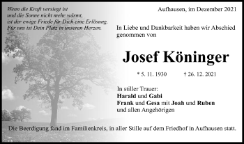 Traueranzeige von Josef Köninger von Schwäbische Post