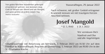Traueranzeige von Josef Mangold von Schwäbische Post