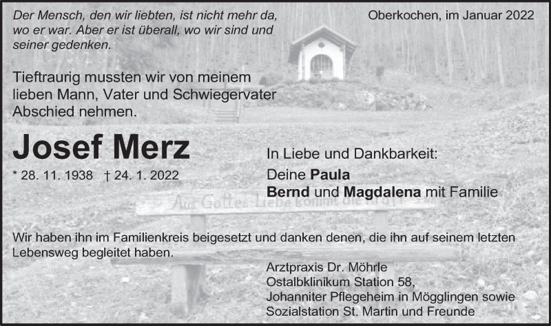  Traueranzeige für Josef Merz vom 28.01.2022 aus Schwäbische Post