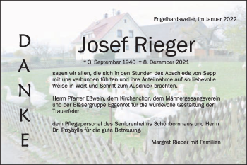 Traueranzeige von Josef Rieger