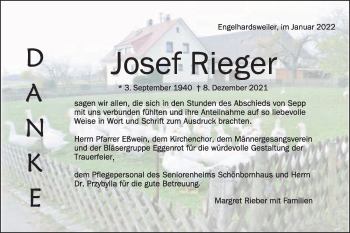 Traueranzeige von Josef Rieger von Schwäbische Post