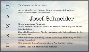 Traueranzeige von Josef Schneider von Schwäbische Post