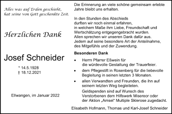 Traueranzeige von Josef Schneider von Schwäbische Post