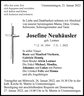 Traueranzeige von Josefine Neuhäusler von Schwäbische Post