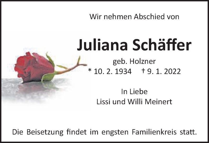  Traueranzeige für Juliana Schäffer vom 15.01.2022 aus Schwäbische Post