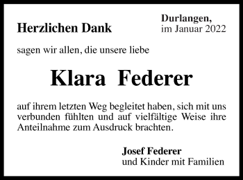 Traueranzeige von Klara Federer von Gmünder Tagespost