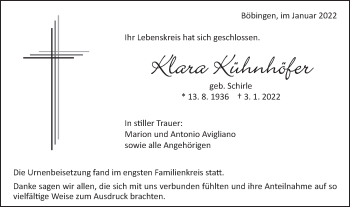 Traueranzeige von Klara Kühnhöfer von Gmünder Tagespost