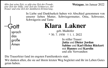 Traueranzeige von Klara Lakner von Gmünder Tagespost